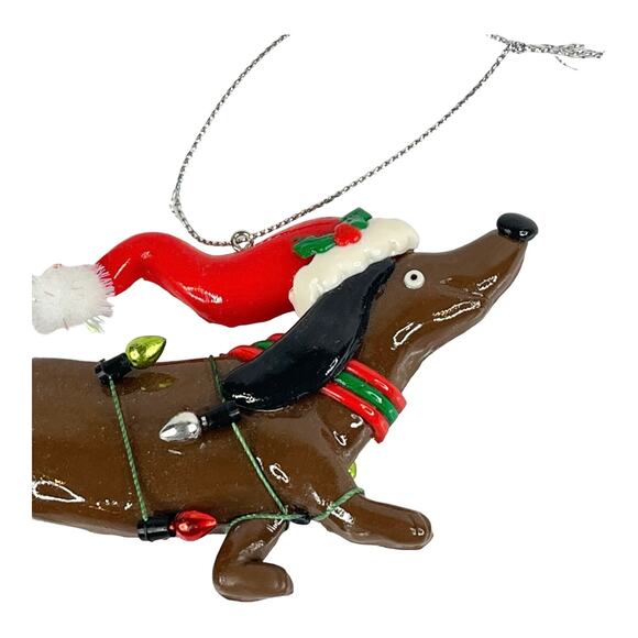 VTG Holiday DACHSHUND DOG ORNAMENT 5" Tangled In Christmas Lights w/ Santa Hat - Picture 2 of 6